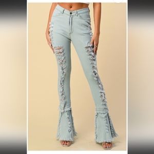 New Stretch Distressed High Rise Fringe Flare Leg Light Wash Denim Jeans